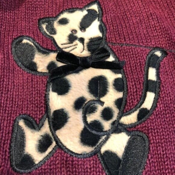 Vintage Boyd's Burgundy Button Front Sweater Bear Appliques Leopard Print Collar - Picture 4 of 8